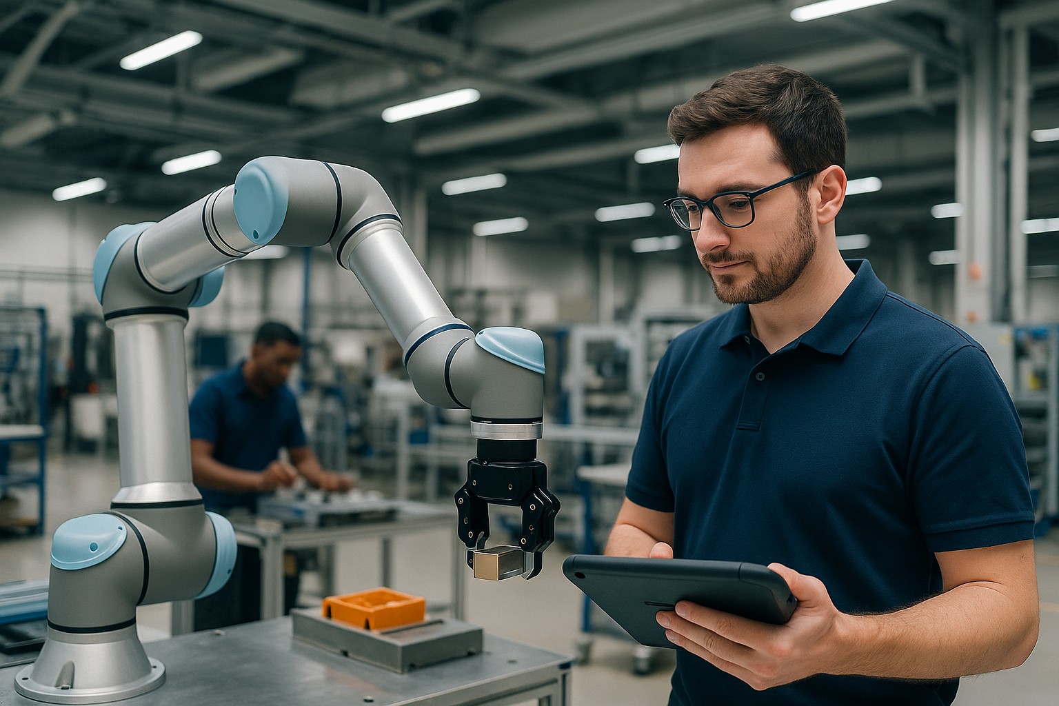 Robot colaborativo trabajando junto a un operario en una línea de producción